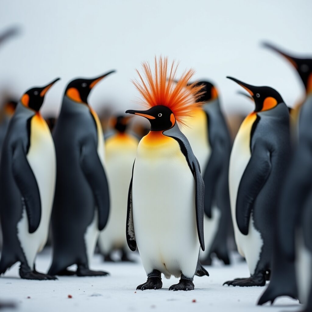 An emperor penguin with an orange mohawk who stands out from the other penguins in behind.