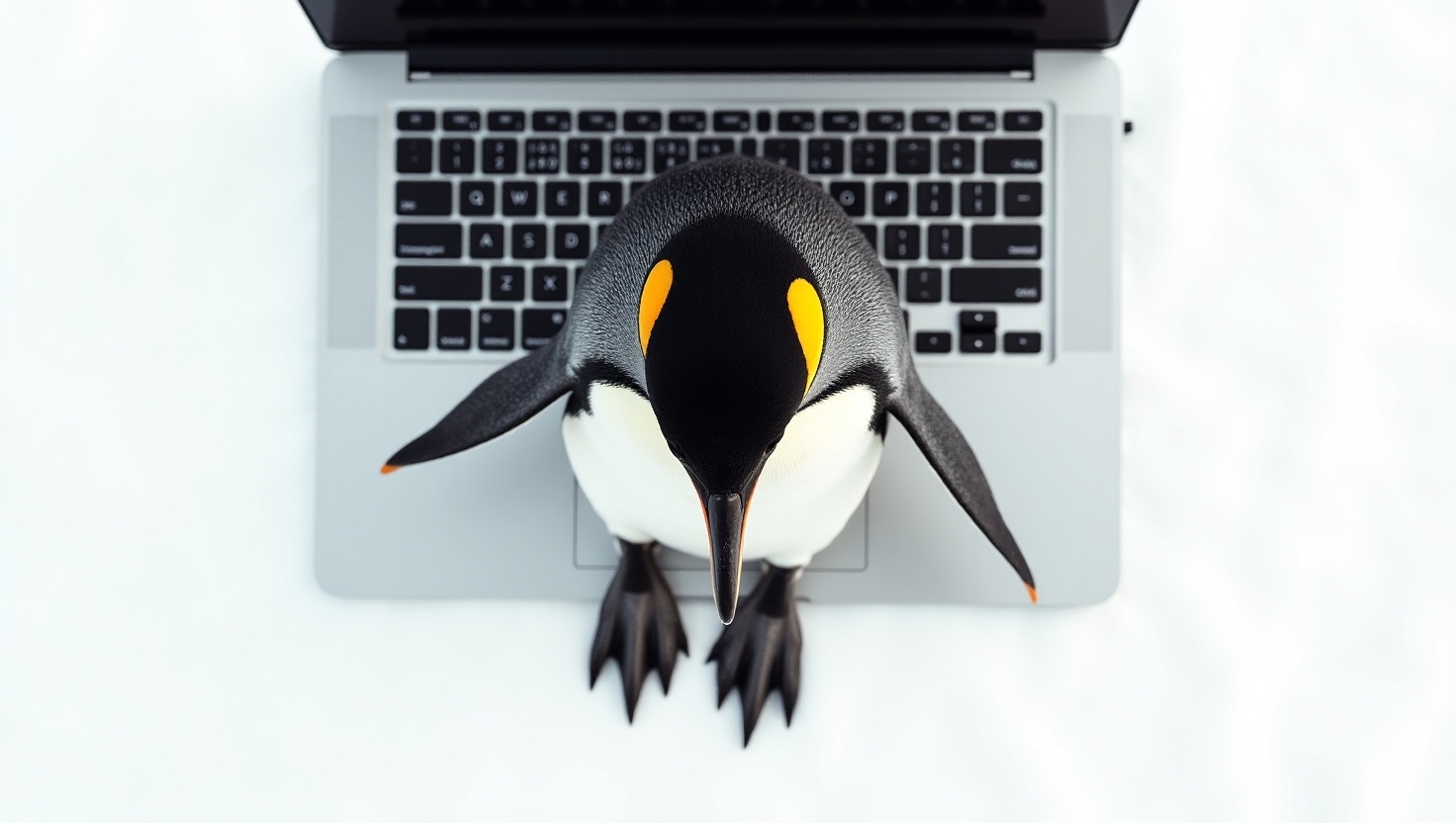 A penguin sitting on a laptop computer.