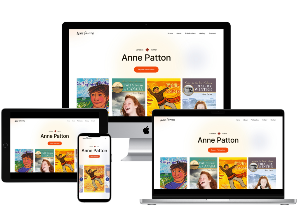 An image of Anne Patton's Home Page on various different devices (desktop, laptop, i-pad and i-phone).