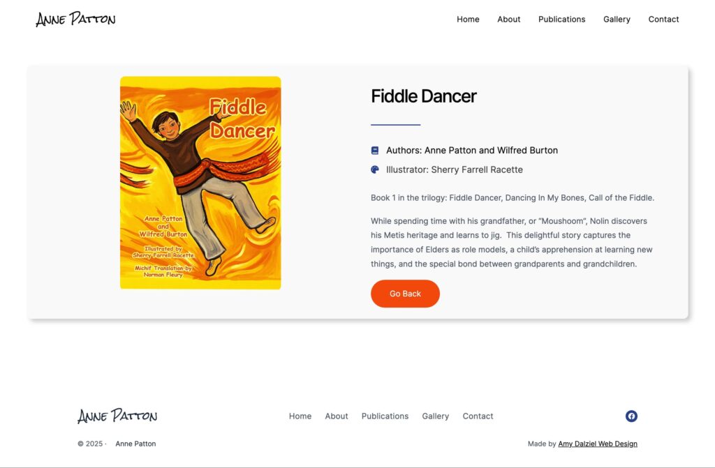 Screenshot of a page with a single Book - Fiddle Dancer (title, authors, illustrator and summary)